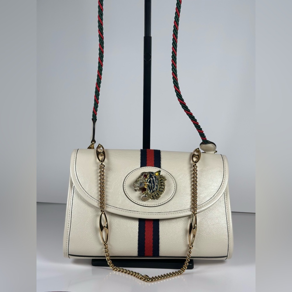 Authentic Gucci Rajah Tiger Cream Leather Shoulder Bag with Chain